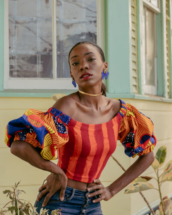 Batik Puff Sleeve Crop Top