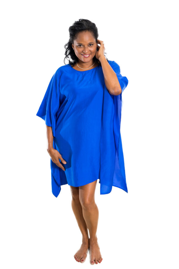 Stunning bright blue silk kaftan dress, falls 3" above the knee and can be dressed up or down depending on the occasion.